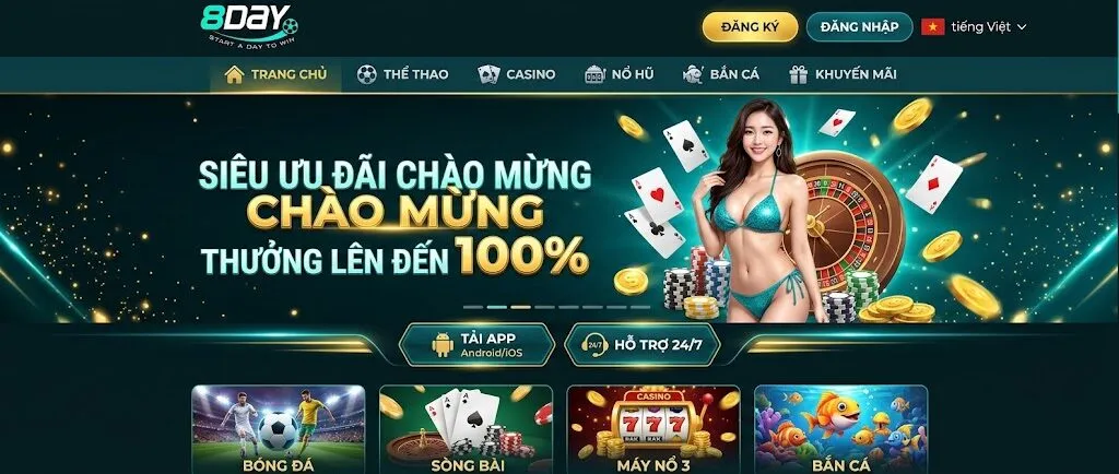 Giao diện trang chủ 8Day mang thiết kế hiện đại, thân thiện với cược thủ Châu Á.
